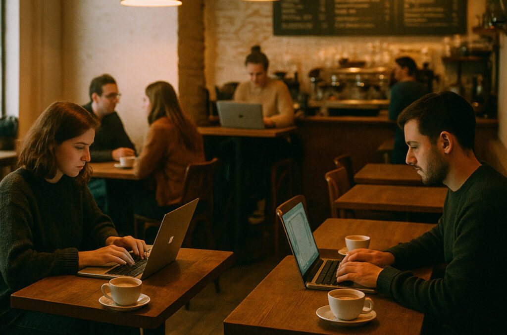 Alguien trabajando con un portátil en una cafetería llena de gente, con el efecto de que la pantalla se ve negra desde el lateral