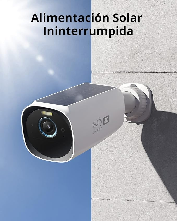 Una cámara de seguridad compacta de lente oscura y chasis de policarbonato reforzado, instalada de forma preeminente en el ángulo superior de una fachada.] 
